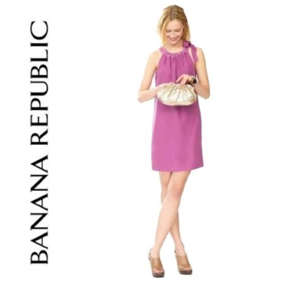 Banana Republic Petite 00P Tie Neck SILK Purple Party Dress Sleeveless Shift - Picture 3 of 10
